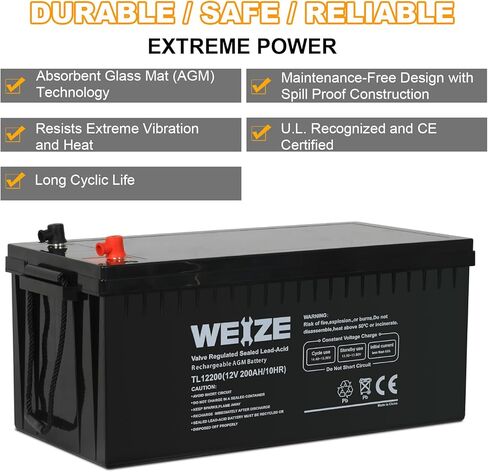بطارية WEIZE AGM بحجم المجموعة 4D، بطارية ذات دورة عميقة 12 فولت 200 أمبير في الساعة مثالية للمركبات الترفيهية، والقوافل، والتخييم، ومقطورات العربة، وعربات الكارافانات، وبيوت السيارات، والبحرية، وسيارات الدفع الرباعي، والطاقة الشمسية خارج الشبكة in Kuwait