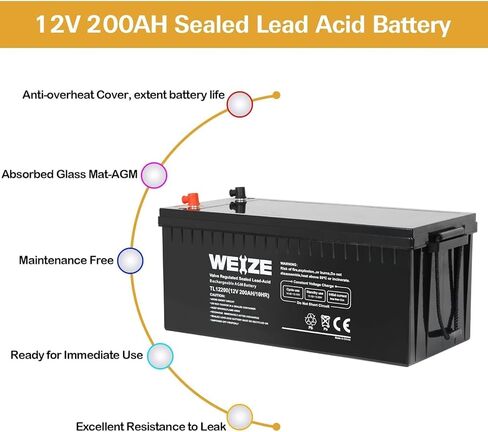 بطارية WEIZE AGM بحجم المجموعة 4D، بطارية ذات دورة عميقة 12 فولت 200 أمبير في الساعة مثالية للمركبات الترفيهية، والقوافل، والتخييم، ومقطورات العربة، وعربات الكارافانات، وبيوت السيارات، والبحرية، وسيارات الدفع الرباعي، والطاقة الشمسية خارج الشبكة in Kuwait