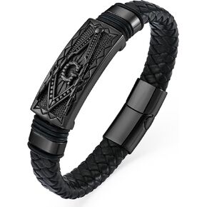 YL Skull Cross Masonic Christian Military Hero Mens Bracelet, Religious Handcrafted Black Braided Leather Cuff Stainless Steel Bangle Punk Wristband Jewelry for Men Women
