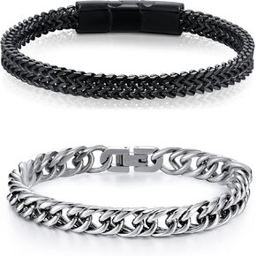 2PCS Bracelets for Men-Stainless Steel Magnetic Clasp Franco Chain Mens Bracelet Black & Stainless Steel Fold Over Clasp Cuban Chain Bracelets Mens Jewelry,Gifts for Dad Grandpa Boyfriend Husband Son