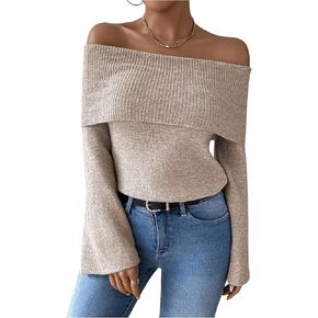 MakeMeChic Women's Off The Shoulder Sweater Bell Sleeve Rib Knitted Pullover Tops