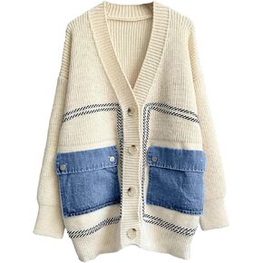 ebossy Women's Spliced Denim Pockets Knit Cardigan Button Down Slouchy Stripe Sweater Outwear