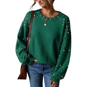 Pearl Sweater for Women Lantern Sleeve Drop Shoulder Crewneck Sweatshirt Knit Chunky Pullover Sweaters with Pearls