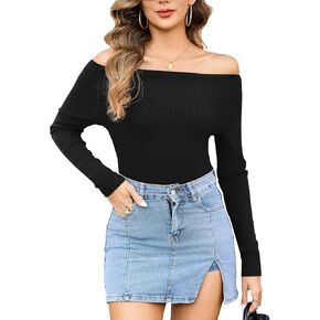 Totatuit Womens Boat Neck Going Out Tops Long Sleeve Shirts Slim Fitted Casual Solid Comfort Fall Clothes