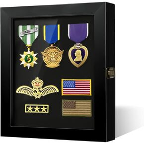 Pin Display Case, 11 x 14 Solid Wood Lapel Pin Display Box with HD Tempered Glass for Military Medal Badge Velcro Patch Board