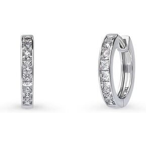 BERRICLE Sterling Silver Bar Cubic Zirconia CZ Medium Fashion Hoop Earrings for Women, Rhodium Plated, Size 0.6 inch - 1 inch
