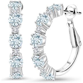 Gem Stone King 925 Sterling Silver Sky Blue Aquamarine and White Lab Grown Diamond Hoop Earrings For Women (2.80 Cttw, Round 4MM and 1.9MM, Gemstone Birthstone 1 Inch Diameter)