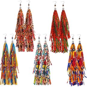 5 Pairs African Fabric Tassel Earrings African Jewelry Afrocentric Earrings Ankara Fringe Hoop Earrings for Women Costume (Elegant Style)