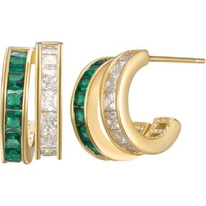SWEETV 14K Gold Plated Huggie Hoop Earrings for Women, Cubic Zirconia Double Huggie Open Hoop Earrings Statement, Women's 925 Sterling Silver Post Stud Earrings Jewelry Gift