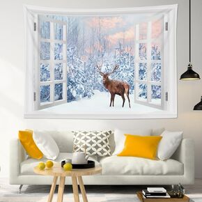 ECOTOB Winter Tapestry Snowy Pine Forest Brown Deer Pastel Cloud outside the Window Landscape Wall Tapestry for Bedroom Nature Snow Scene Tapestry for Living Room Dorm, 60W x 40L Inches