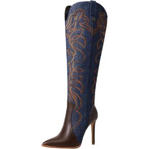 Women's Cowboy Boots Wide Calf Stiletto Boots for Women's Knee High Boots Fashion Pointed Toe Side Zipper High Heel Boots