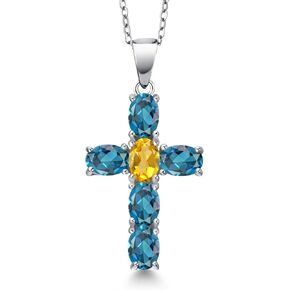 Gem Stone King 925 Sterling Silver London Blue Topaz and Yellow Citrine Cross Pendant Necklace for Women | 3.45 Cttw | Gemstone November Birthstone | Oval 6X4MM | With 18 Inch Chain