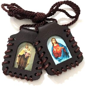 Catholic Town Sacred Heart of Jesus, Our Lady of Mount Carmel Leather Scapular, Brown (LSWCARD-BRN)