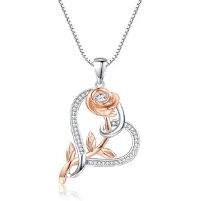 Flower Rose Necklace for Women, 925 Sterling Silver Heart Pendant Necklaces Jewelry Birthday Mothers Day Gifts for Wife Mom Girlfriend Grandma