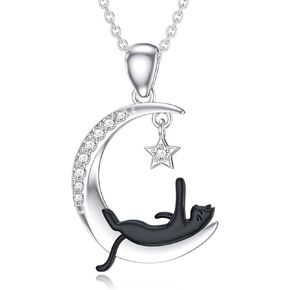 Diamond Moon and Cat Necklace for Women 925 Sterling Silver Black Cat on the Moon Pendant with Lab Grown Diamonds Jewelry Gifts