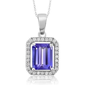 Gem Stone King 9X7MM Emerald Cut Gemstone Birthstone and White Moissanite Halo Pendant Necklace For Women | 925 Sterling Silver | With 18 Inch Silver Chain