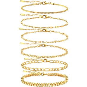 6Pcs 18k- Gold Plated Bracelet Set for Women, Women's Gold Stackable Bracelets, Gold Chain Bracelet Women，Adjustable Gold Bracelets, Packaged In a Gift Box, Perfect for Gifting.
