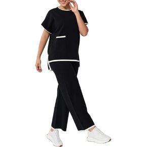 Knit Sweater Two Piece Sets Women Cotton Clothing Matching Lounge Set Outfits, Black