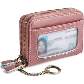 Credit Card Holder for Women, RFID Blocking Wallet Small Leather Wallet Women with Accordion Zipper, Card Wallet Keychain Pink