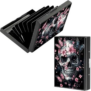 Metal Credit Card Holder, Business Card Holder Metal Rfid Card Holder Wallet for Women Men, Travel, Shopping, Outdoor, Fall Wallet Purse Gift Accessories for Ladies, Pink Flower Skull