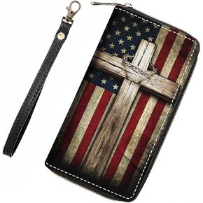 American Flag Cross Wallet for Women with Credit Card Holder Coin Money Clip PU Leather Zip Around Clutch Wallet