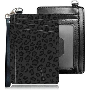 Slim RFID Blocking Card Holder Wallet with Wrist Strap - Minimalist Front Pocket Wallet, Leopard Print Design, PU Leathe, for Men & Women, Ideal for Travel & Gifts