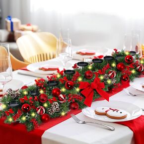 Christmas Centerpiece for Table with Light 9 Candle Hold Red Bow Candle Holder with Pine Cones Red Berries Small Balls 60 Inch Artificial Christmas Table Decor for Dining Table Fireplace