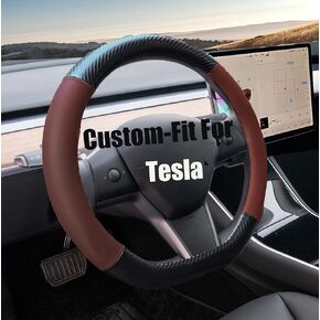 Steering Wheel Cover for Tesla Model Y and Model 3 Small Size 14 Inch D Shaped, Microfiber Leather Patched Carbon Fiber Soft Touch Anti Slip & Odor Free,Red