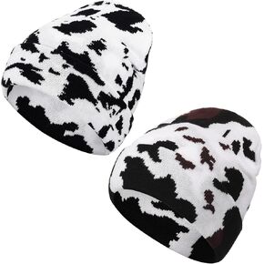 Hicarer 2 Pcs Cow Print Beanie Winter Knit Hat Animal Pattern Knitted Beanies Leopard Print Soft Warm Slouchy Skull Cap for Women Men Black and White