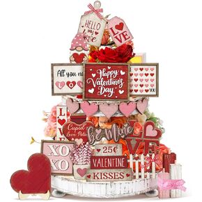 24 Pcs Valentine's Day Tiered Tray Decor Set Farmhouse Wood Valentine Table Decor Valentines Love Heart XOXO Wooden Signs for Home Valentines Day Decorations (Cute Style)