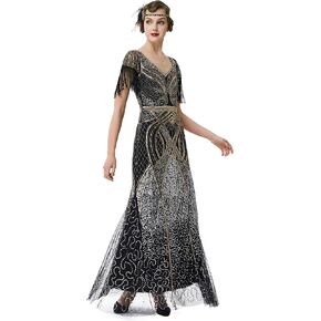 BABEYOND Women's Flapper Dress 1920s V-Neck Evening Gown Sequin Beaded Maxi Dress for Wedding Black Gold