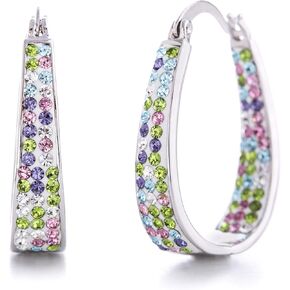 Oval Inside Outside Hoop Earrings for Women Faceted Sparkle Crystals