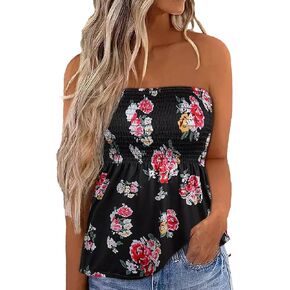 Womens Smocked Strapless Bandeau Tube Tops Floral Ruffled Tank Tops Sleeveless Backless Bandeau Tunic Shirts
