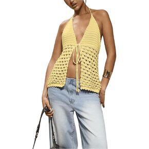 WDIRARA Women's Crochet Tie Front Y2k Tops Sexy Knitted V Neck Sleeveless Camisole Halter Crop Top Streetwear