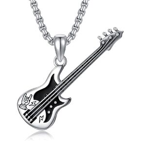 Guitar Necklace 925 Sterling Silver Guitar/Guitar Pick Pendant Necklace Punk Rock Jewelry Gifts for Women Men