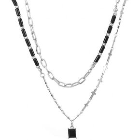 GulCean Goth Cross Necklace for Men Stainless Steel Trendy Y2K Layered Paper Clip Cross Cuba Chain Red Black Zircon Liquid Metal Cross Pendant Charm Choker Necklace for Women