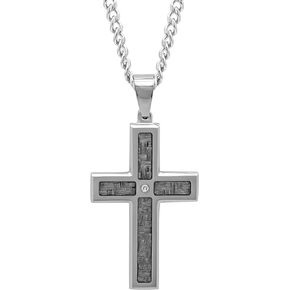 Men's Stainless Steel Cross Pendant with Carbon Fiber Inlay on 24" Twisted Curb Chain Necklace Men