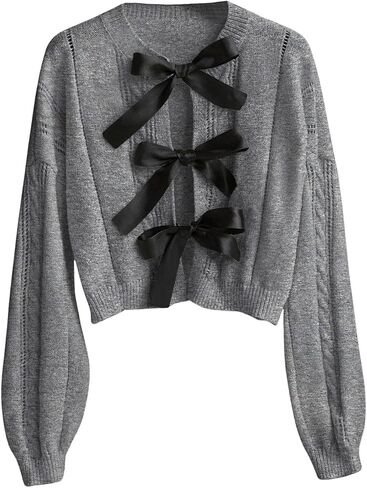 Verdusa Women's Oversized Bow Tie Front Sweater Cardigan Crew Neck Cropped Cable Knitted Tops in Saudi Arabia