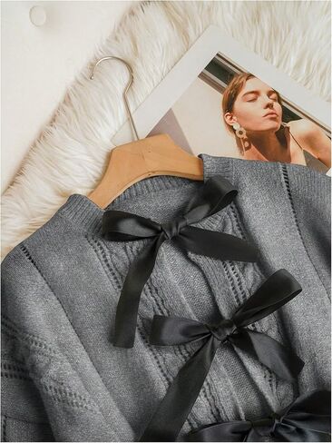 Verdusa Women's Oversized Bow Tie Front Sweater Cardigan Crew Neck Cropped Cable Knitted Tops in Saudi Arabia