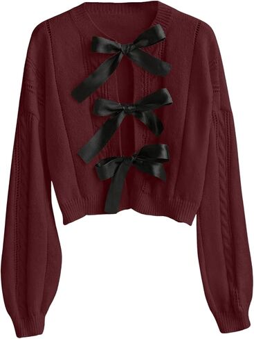 Verdusa Women's Oversized Bow Tie Front Sweater Cardigan Crew Neck Cropped Cable Knitted Tops in Saudi Arabia