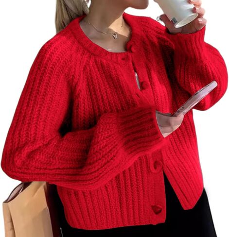 سترة صوفية لطيفة للسيدات من Arssm بأكمام طويلة وفتحة رقبة مستديرة وأزرار سفلية، سترة محبوكة على الموضة 2024 (أحمر-M) in Kuwait