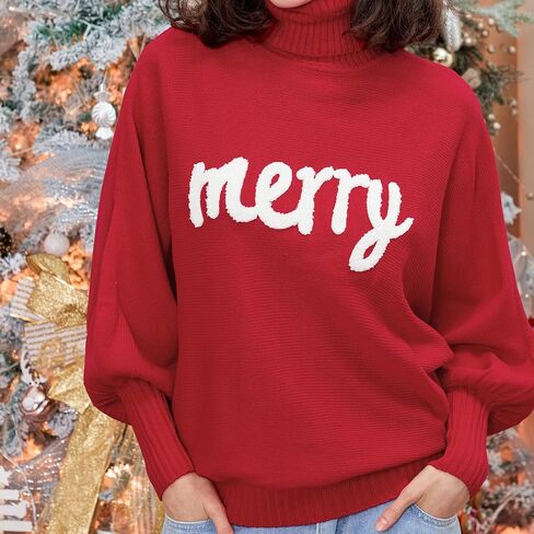 BHMAWSRT Women's Merry Christmas Sweater Longsleeves Turtleneck Knitted Sweatshirts Christmas Festival Pullover Sweater in Saudi Arabia