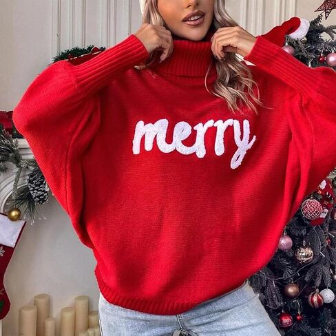 BHMAWSRT Women's Merry Christmas Sweater Longsleeves Turtleneck Knitted Sweatshirts Christmas Festival Pullover Sweater in Saudi Arabia