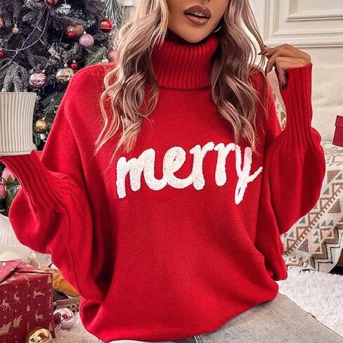 BHMAWSRT Women's Merry Christmas Sweater Longsleeves Turtleneck Knitted Sweatshirts Christmas Festival Pullover Sweater in Saudi Arabia
