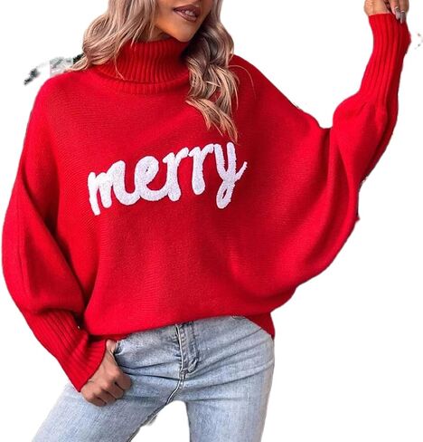 BHMAWSRT Women's Merry Christmas Sweater Longsleeves Turtleneck Knitted Sweatshirts Christmas Festival Pullover Sweater in Saudi Arabia
