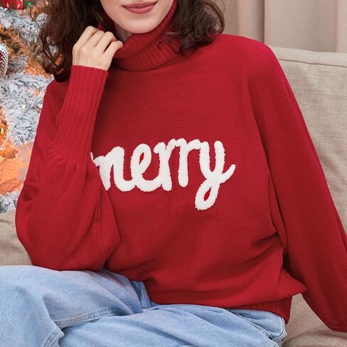 BHMAWSRT Women's Merry Christmas Sweater Longsleeves Turtleneck Knitted Sweatshirts Christmas Festival Pullover Sweater in Saudi Arabia