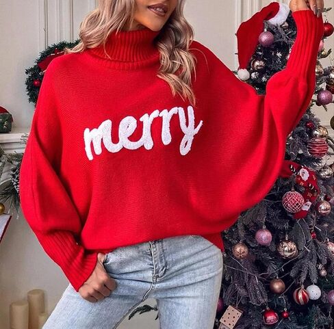 BHMAWSRT Women's Merry Christmas Sweater Longsleeves Turtleneck Knitted Sweatshirts Christmas Festival Pullover Sweater in Saudi Arabia