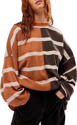 D-Sun Women's Striped Pullover Sweaters Oversized Color Block Long Sleeve Sweater Casual Knit Tops in Saudi Arabia