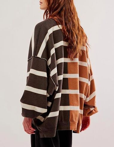 D-Sun Women's Striped Pullover Sweaters Oversized Color Block Long Sleeve Sweater Casual Knit Tops in Saudi Arabia