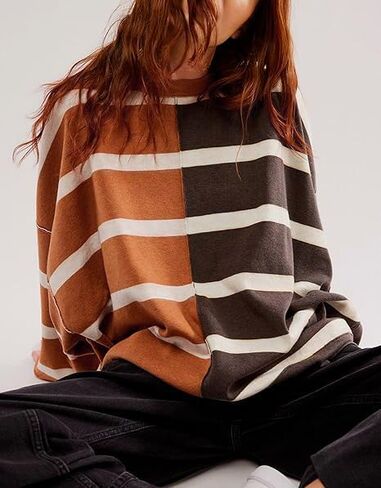 D-Sun Women's Striped Pullover Sweaters Oversized Color Block Long Sleeve Sweater Casual Knit Tops in Saudi Arabia